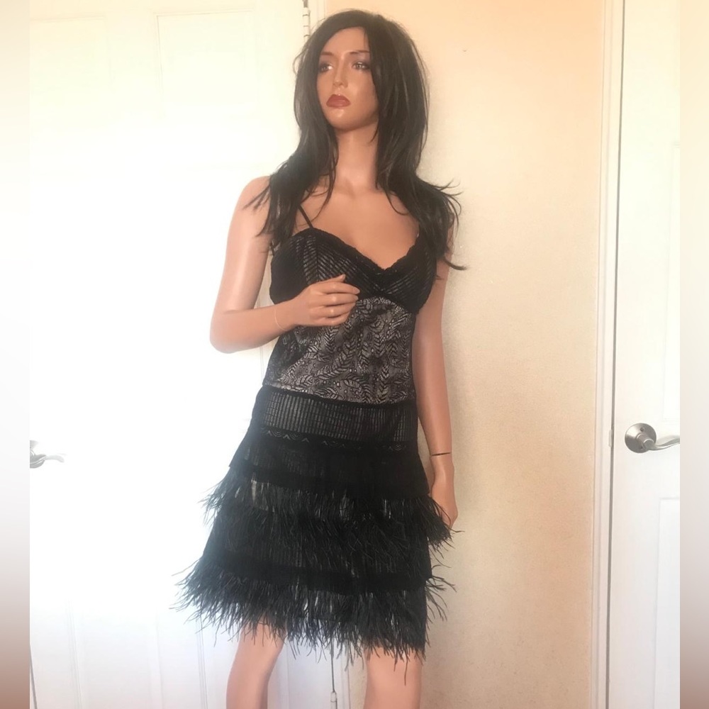 BCBG Maxazria black lace and feathers mini dress in sz 8. Not stretchy. NWT